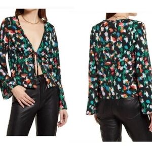 Open Edit Tie-Front Colorful Abstract Top